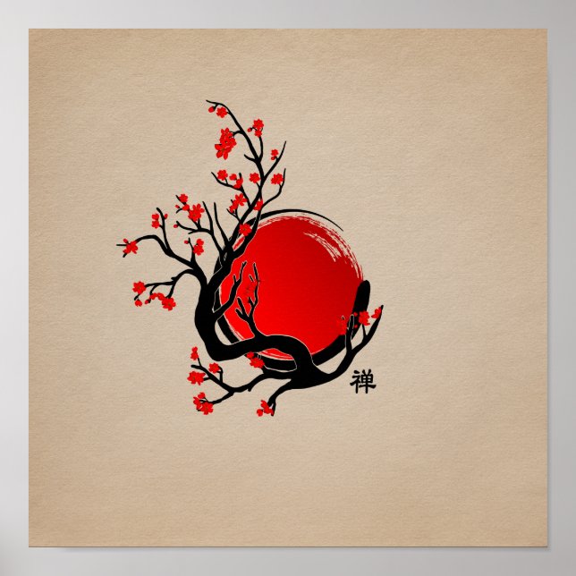 Zen Enso Circle, Sol och Red Sakura Blommar Poster (Framsidan)