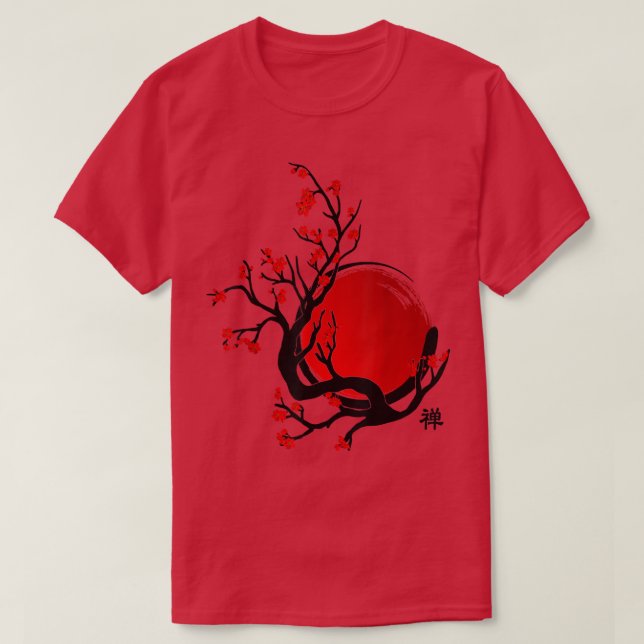 Zen Enso Circle, Sol och Red Sakura Blommar T Shirt (Design framsida)