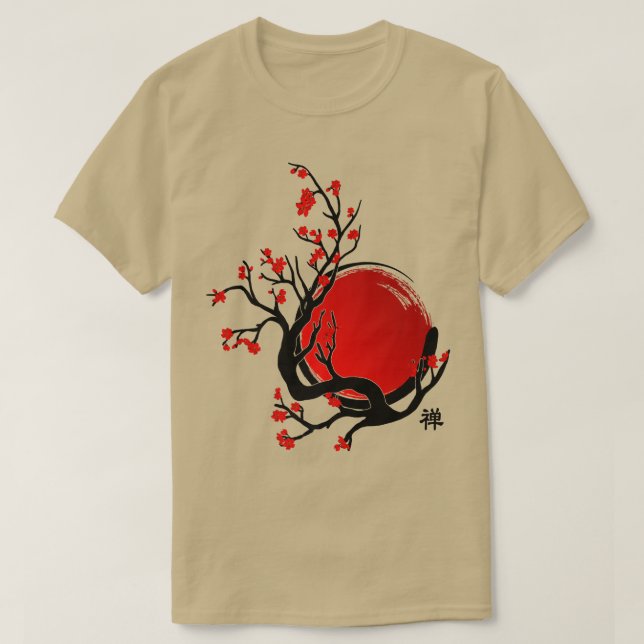 Zen Enso Circle, Sol och Red Sakura Blommar T Shirt (Design framsida)