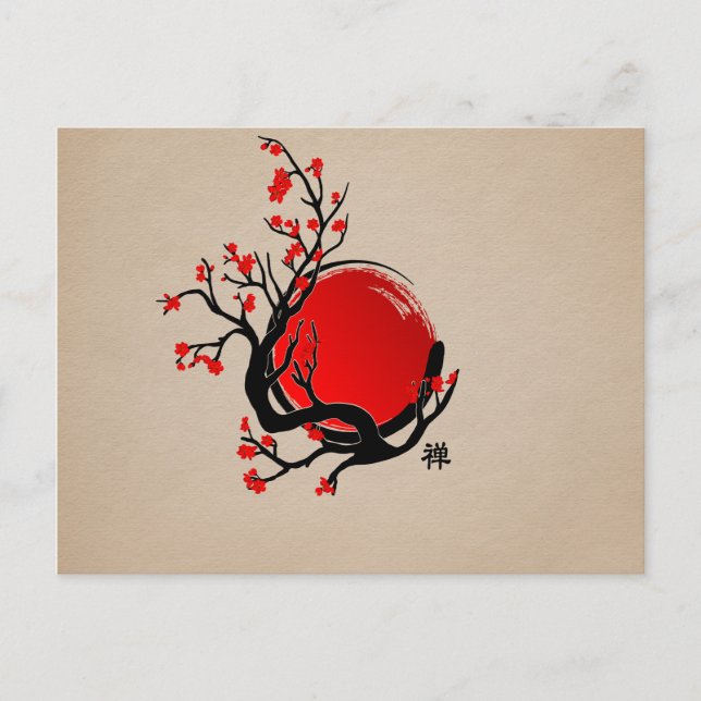 Zen Enso Circle, Sun and Red Sakura Blossom Vykort (Framsida)
