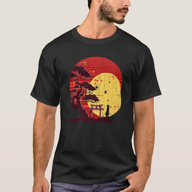 Zen Japansk kulturbuddhist Sunset Bonsai Träd T Shirt (Framsida)