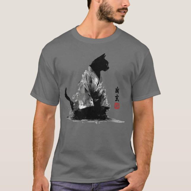 Zen Katt i Kimono Bläck Konst flicka flicka T Shirt (Framsida)