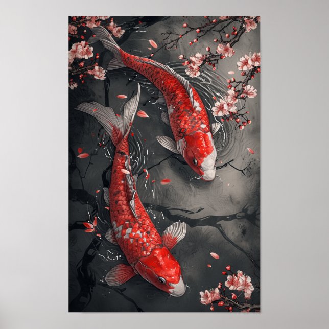 Zen Koi Fisk- och Cherry-Blommar Poster (Framsidan)