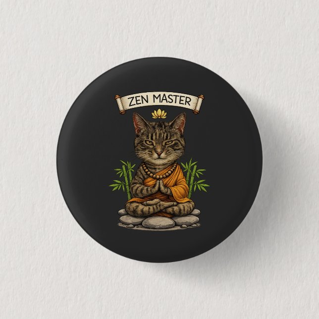 Zen Mästare Katt Rolig Lugn Grå Tabby Katt Present Knapp (Framsida)