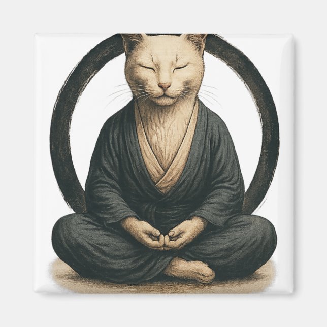 Zen Meditating Cat – Enso Circle Mindful Yoga Art  Magnet (Framsidan)