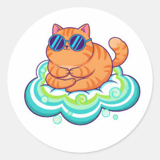 Zen Orange Katt Mediterar på Teal Moln Runt Klistermärke