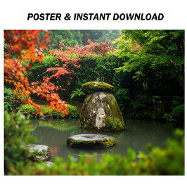 Zen Pond Garden med Vatten och rödmaple Poster