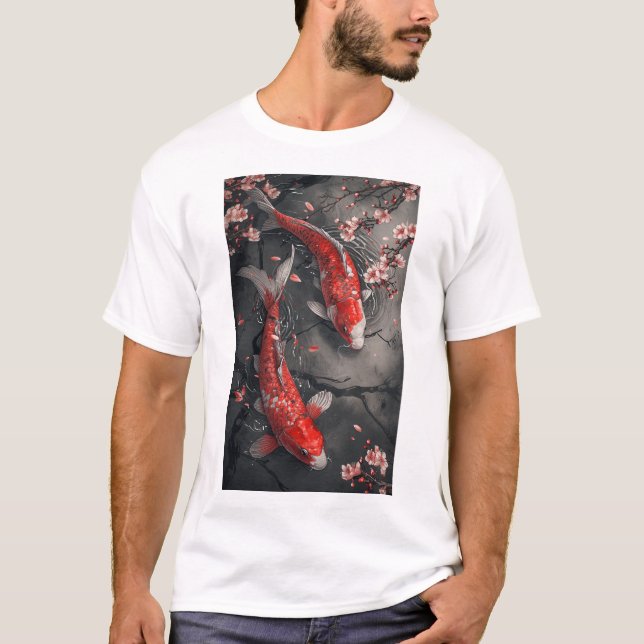 Zen Red Koi Fish and Cherry Blommar Pond T-Shirt (Framsida)