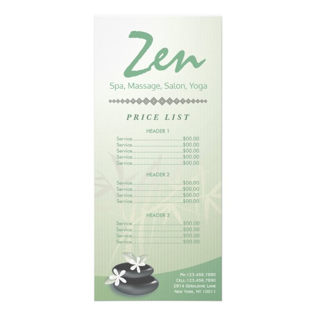 ZEN Stone YOGA SPA-massage Beauty Salon Pris List Reklamkort (Framsidan)