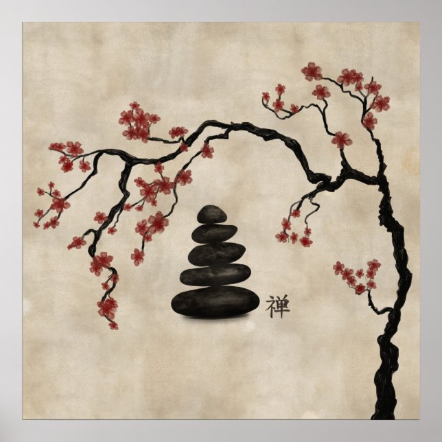 Zen stones Sakura Träd Poster (Framsidan)