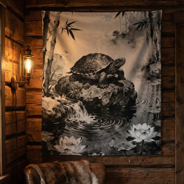 Zen Turtle Tapestry | Lotus Pond Ink Art 