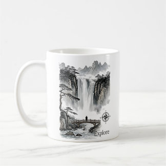 Zen Waterfall Mountain Ink Art Explore Compass Kaffemugg