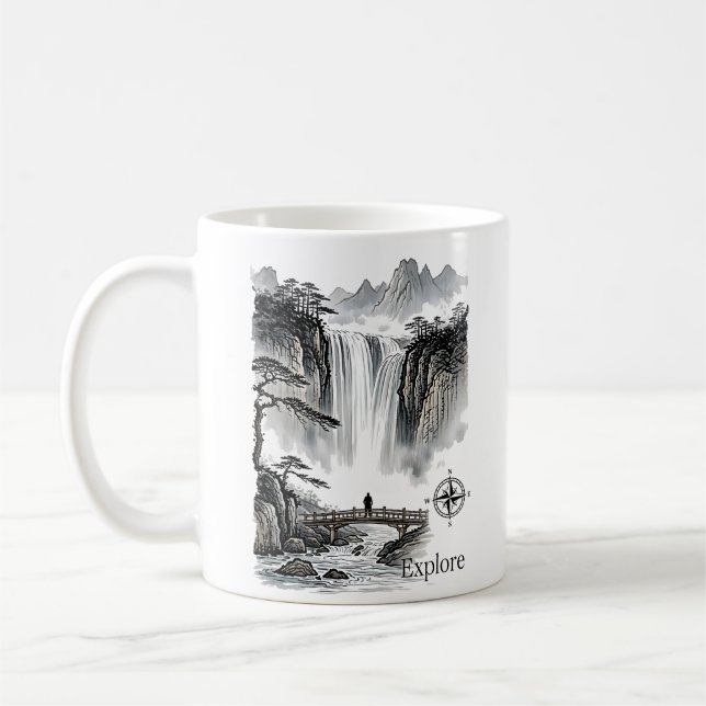 Zen Waterfall Mountain Ink Art Explore Compass Kaffemugg (Vänster)