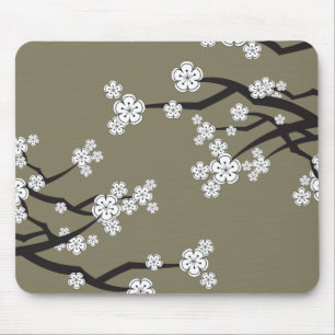 Zen White Sakura Cherry Blommar Flowers on Grått Musmatta