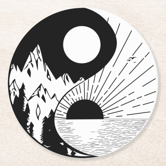 Zen Yin Yang Black White Underlägg Papper Rund (Framsidan)