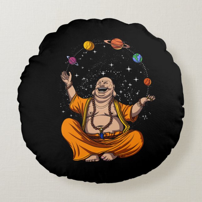 Zen Yoga Buddha Juggling Space Planets Meditation Rund Kudde (Framsidan)
