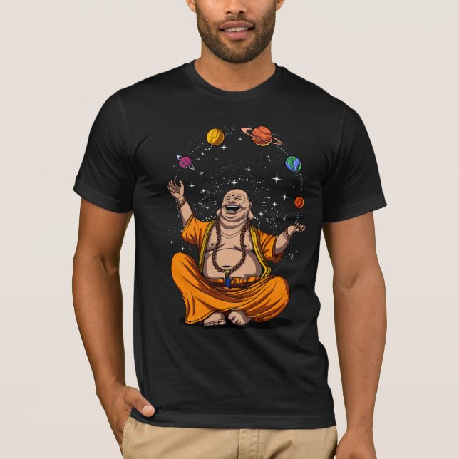 Zen Yoga Buddha Juggling Space Planets Meditation T Shirt (Framsida)