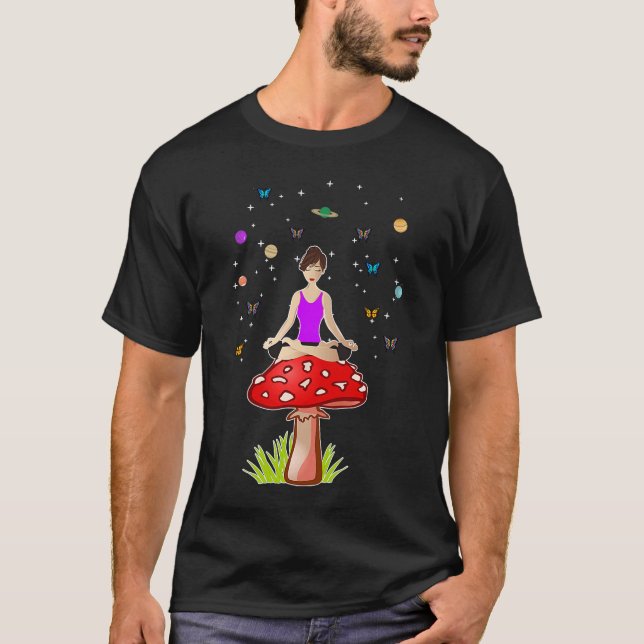 Zen Yoga Meditation Women Mushroom Buddha psychede T Shirt (Framsida)
