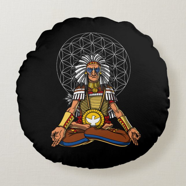 Zen Yoga Native American Chief Indian Meditation Rund Kudde (Framsidan)