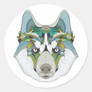 Zenart Patterned Husky Hund Blue Husky Ansikte Runt Klistermärke