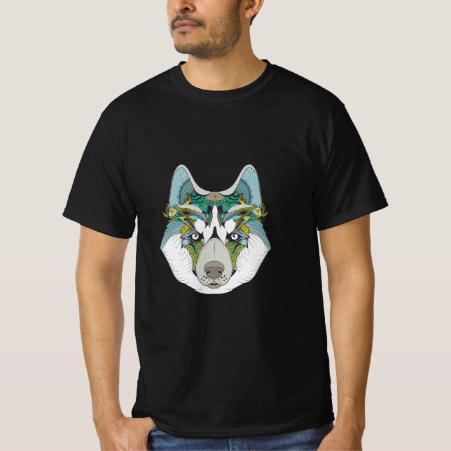 Zenart Patterned Husky Hund Blue Husky Ansikte T Shirt (Framsida)