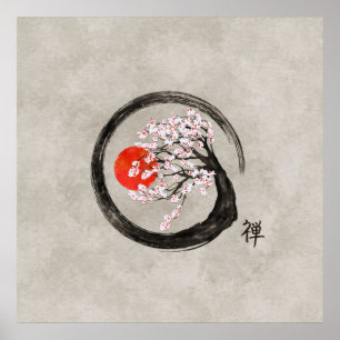 Zenen Enso cirklar och det Sakura träd på kanfas Poster