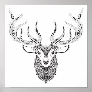 Zentangle Inspired Hjort Horned Head 2 Poster