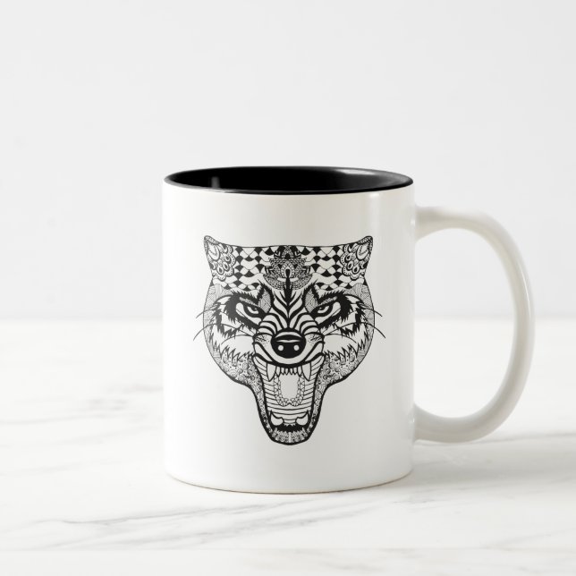 Zentangle inspirerade vargen Två-Tonad mugg (Höger)