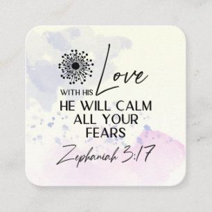 Zephaniah 3:17 Hans Kärlek lugnar din rädsla Bibel Fyrkantigt Visitkort