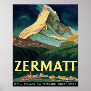 Zermatt, bergstoppar,Schweiz, vintage,resa Poster
