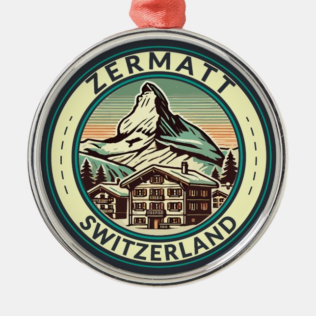 Zermatt Schweiz Illustration Travel Art Badge Julgransprydnad Metall (Framsidan)