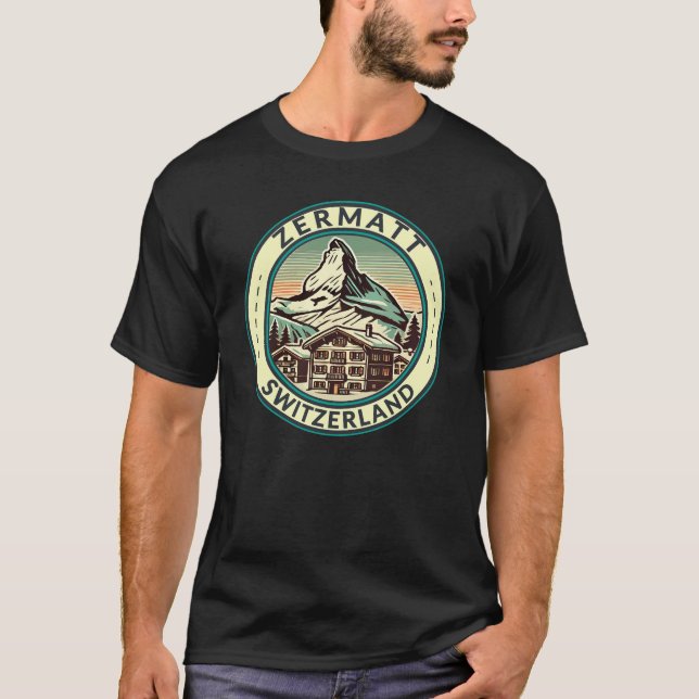 Zermatt Schweiz Illustration Travel Art Badge T Shirt (Framsida)