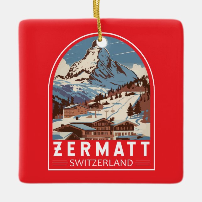 Zermatt Schweiz Illustration Travel Art Retro Julgransprydnad Keramik (Framsida)