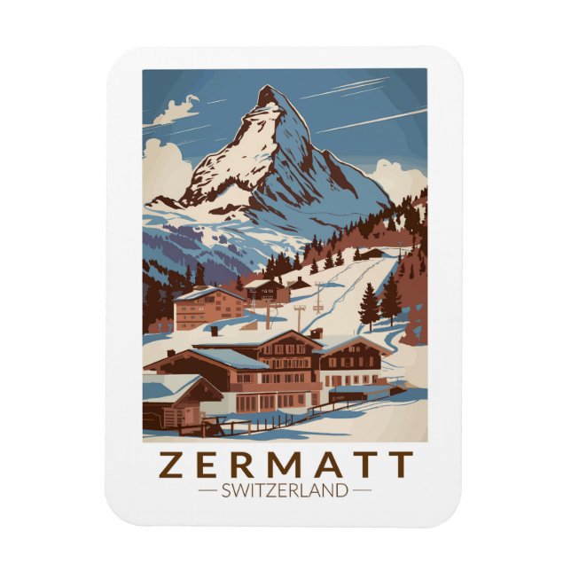 Zermatt Schweiz Illustration Travel Art Retro Magnet (Vertikal)