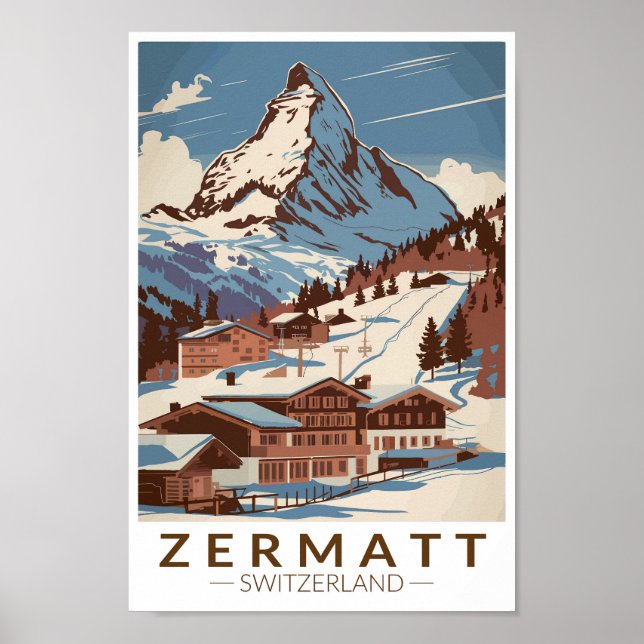 Zermatt Schweiz Illustration Travel Art Retro Poster (Framsidan)
