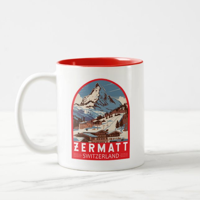Zermatt Schweiz Illustration Travel Art Retro Två-Tonad Mugg (Vänster)