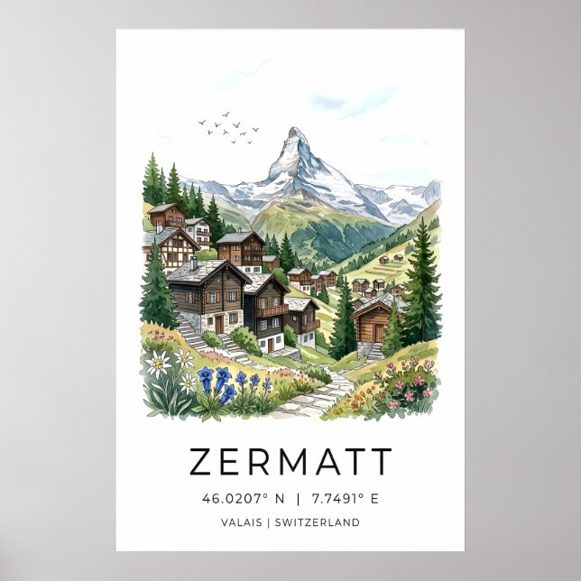 Zermatt Schweiz konsttryck Alplandby, Mjuk Poster (Framsidan)