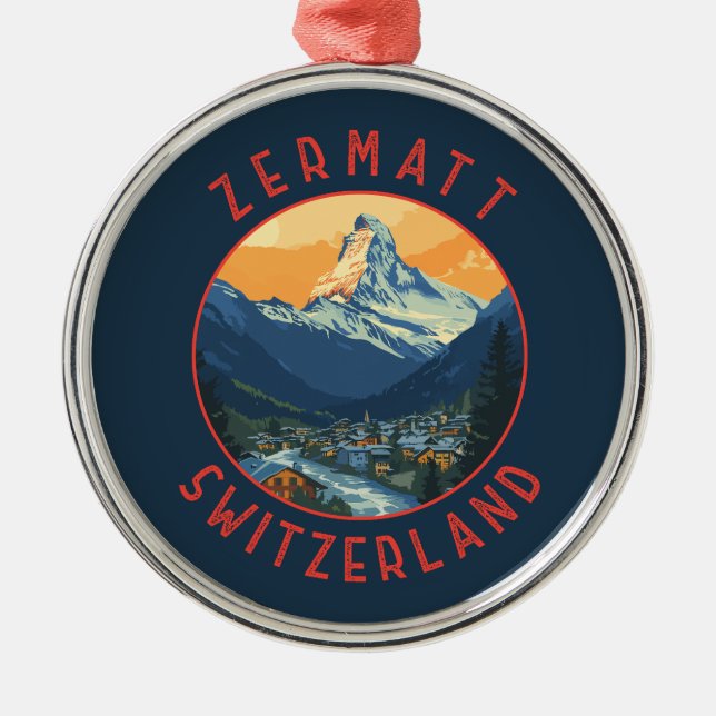 Zermatt Schweiz Retro Distress Circle Julgransprydnad Metall (Framsidan)