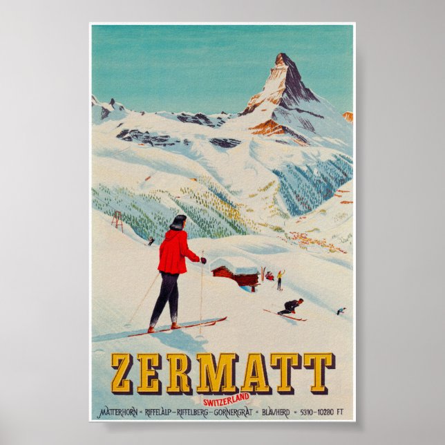 Zermatt Schweiz Retro Vintage Ski Travel Poster (Framsidan)