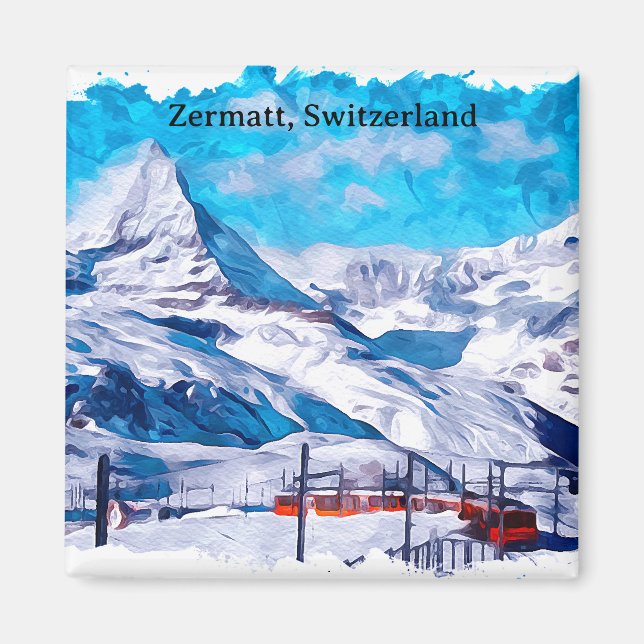 Zermatt Schweiz schweiziska Alpernor Winter Waterc Magnet (Framsidan)
