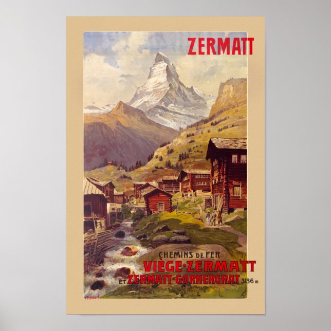 Zermatt Schweiz Vintage affisch 1900 (Framsidan)