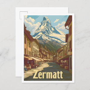 Zermatt Schweiz Vintage resor Illustration Vykort