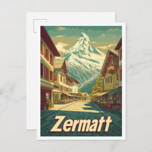 Zermatt Schweiz Vintage resor Illustration Vykort (Fram/baksida)