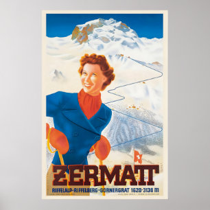 Zermatt Schweiziska Alperna Schweiz Vintage Skidpo Poster