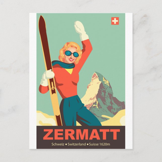 Zermatt Ski Girl, Schweiz Vykort (Framsida)