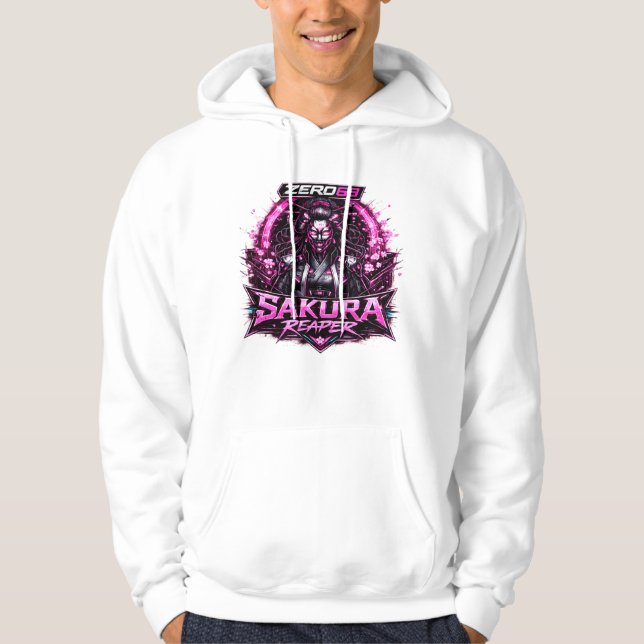 ZERO69 Neon Sakura Reaper Cyberpunk Krigare Hoodie (Framsida)