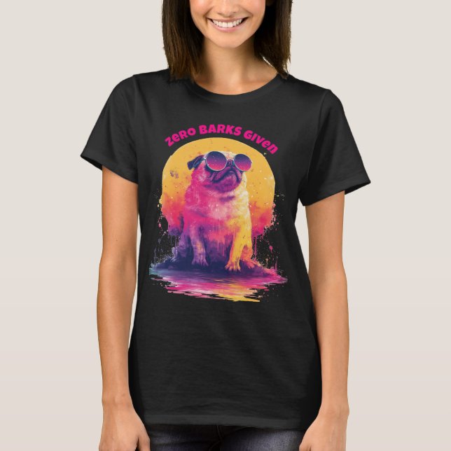Zero Barks Given | Rolig Retro-Pug T-Shirt (Framsida)