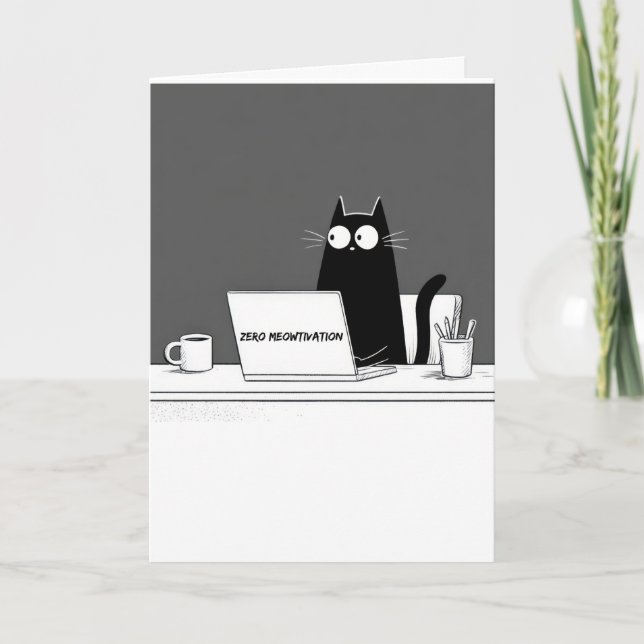 Zero Meowtivation Cat – Funny Lazy Work Cartoon Kort (Framsida)