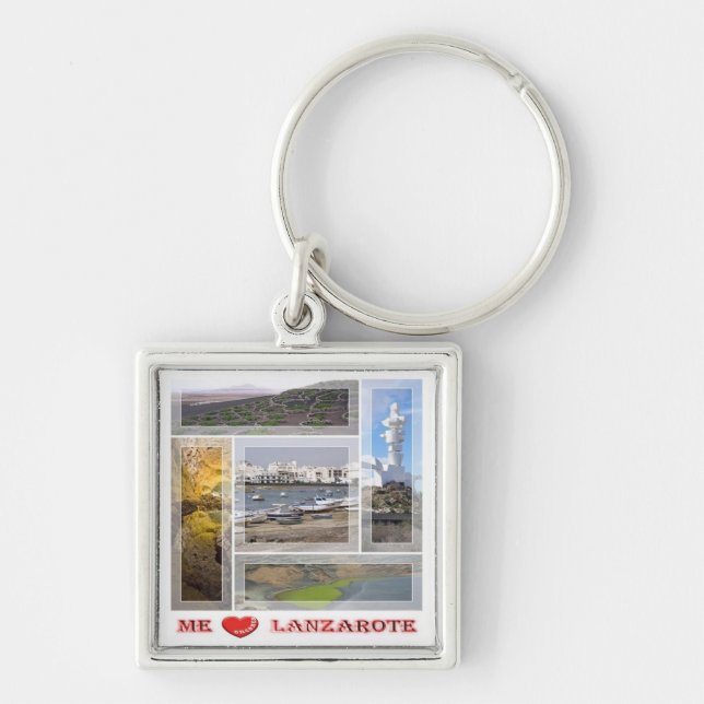 zES145 LANZAROTE ’I Kärlek’, Spanien. Fyrkantig Silverfärgad Nyckelring (Framsidan)