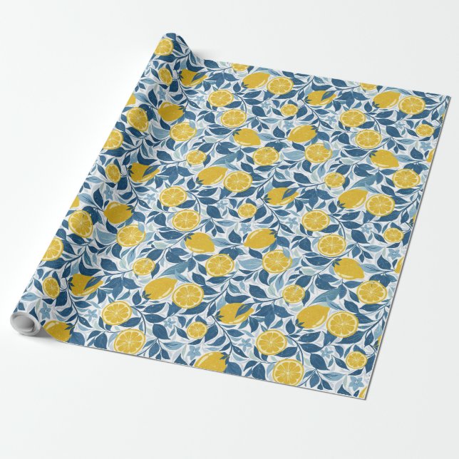 Zety Lemon Garden - Bright gult och Blue Presentpapper (Utrullad)